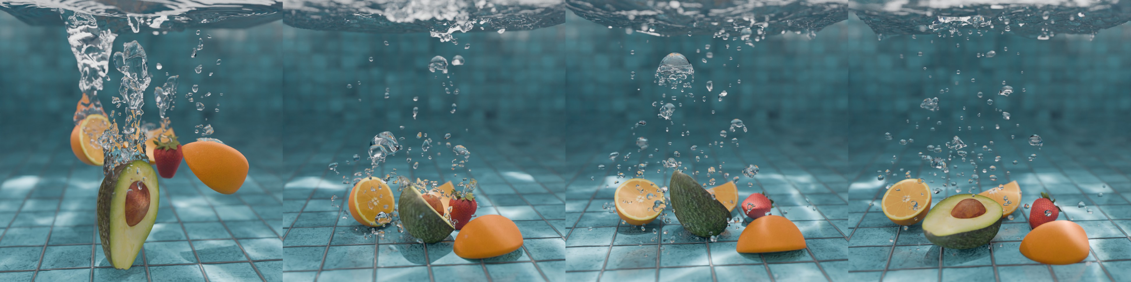 Fruit falling into a water tank, entraining many nonspherical bubbles
